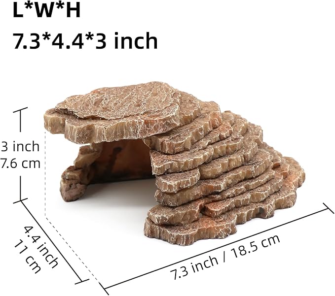 Gecko Hide Shale Scape Step Ledge, Reptile Cave Hideout Tank Accessories Decorations, Great for Reptiles, Amphibians, Leopard Gecko, Lizard, Frogs, Turtle (Small-7.3 * 4.4 * 3)