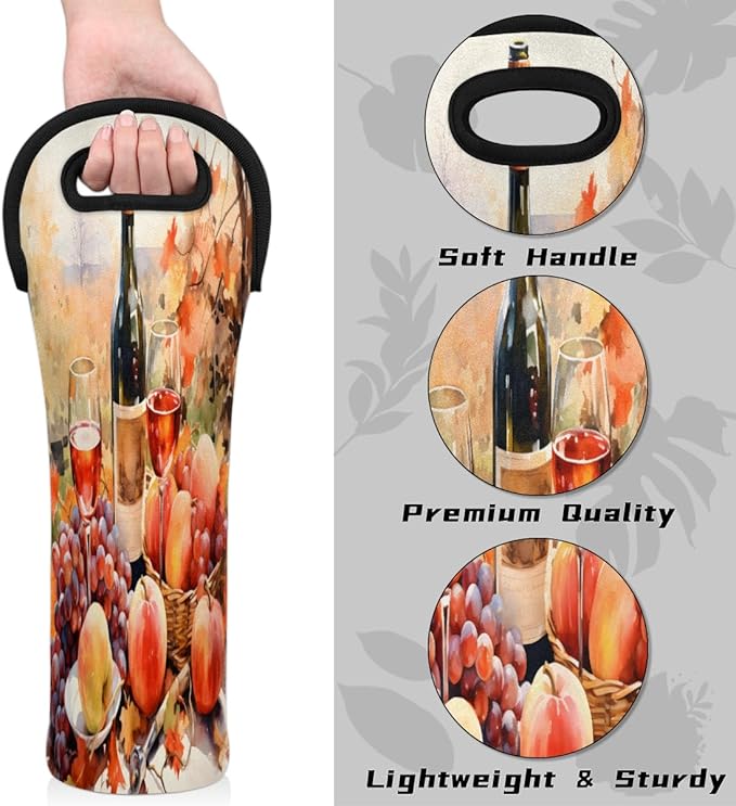 Grapes Wine Pattern Wine Bag Single Bottle Wine Tote Bag Neoprene Wine Carrier Bags with Carry Handle Portable Wine Bottle Holder for Travel Party Picnic