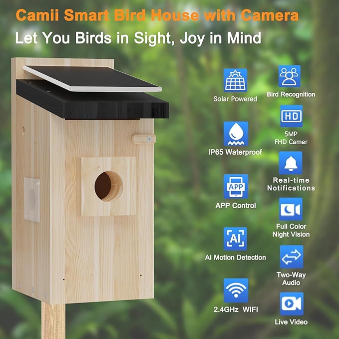 Bird House with Camera, 5MP Smart Birdhouse Camera with Solar Powered, Bird Box Camera for Families, Motion Detection & 32GB SD Card, Watch Bird Nesting & Hatching in Real Time, Ideal Gift for Friends