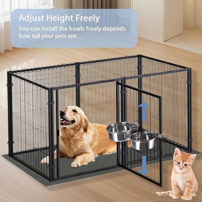 Stainless Steel Pet Crate Bowls, 2-Pack Rabbit Food Water Bowls No Spill Removable Hanging Parrot Feeding Cups Kennel Feeder Coop Cup for Small Medium Pets Birds Bunnies Cats Dogs (S+M)