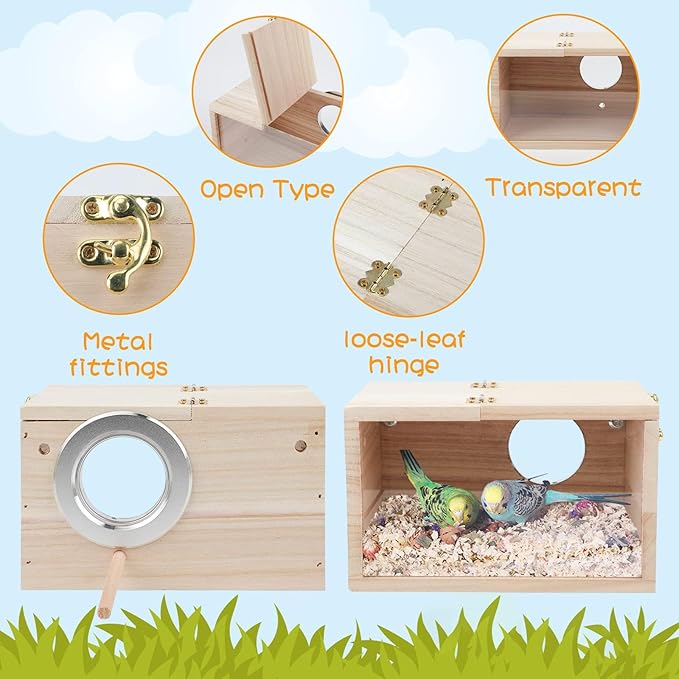 Rypet Parakeet Nesting Box Transparent Design, Thwartwise Bird Nest Breeding Box with Perch Wood Bird Cage House for Cockatiel Lovebirds Budgie Finch Parrotlets Canary XL