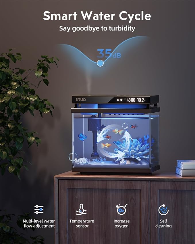 Fish Tank Smart Aquarium Kit: 2 Gal UHD Glass Silent Water Pump Self Cleaning System Temperature Monitoring Essential Oil Diffuser with Humidifier 7 Color Lights Multi-Layer Filtration System - Black