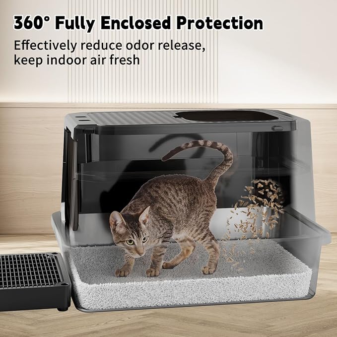 RIZZARI Enclosed Cat Litter Box: All Black Stainless Steel - Odor-Resistant & High-Sided - Teflon Non-Stick Coating for Quick Cleaning - Large Top-Exit Pan for Modern Homes Balcony