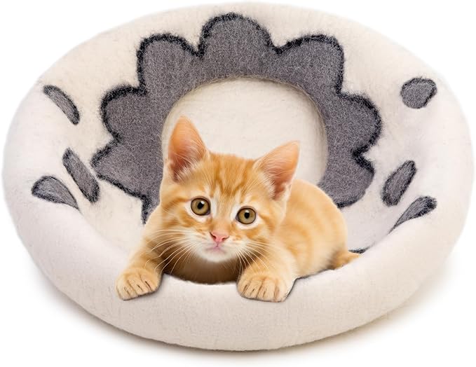 Woolygon Premium Felt Cat Cave Bed – Wool Kitty Beds Handcrafted Kitten Caves Bed for Indoor Cats - Made from Merino Wool, Foldable Cat Hideaway Covered Cat House Pod (White Flower)