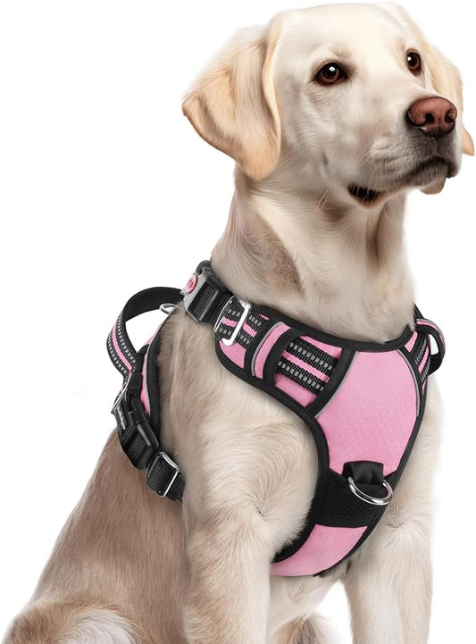 rabbitgoo Dog Harness for Large Dogs, No Pull Pet Vest with 3 Buckles, Adjustable Soft Padded Pet Harness with Easy Control Handle and Reflective Strips, Light Pink, L