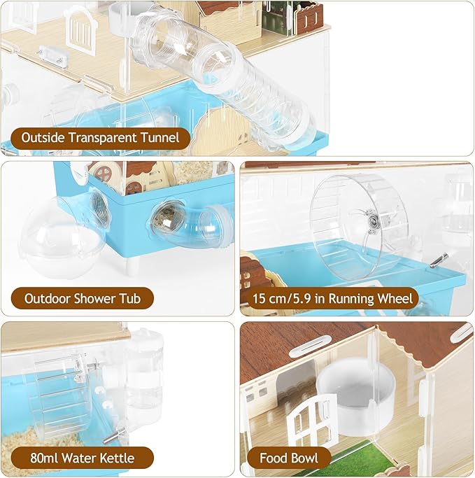 Large Hamster Cage 2 Tier Acrylic Hamster Habitat with Hideout & Running Wheel Blue Dwarf Hamster House for Dwarf Gerbils Syrian Hamsters, Blue, 13.3''L* 9.8''W* 17.4''H
