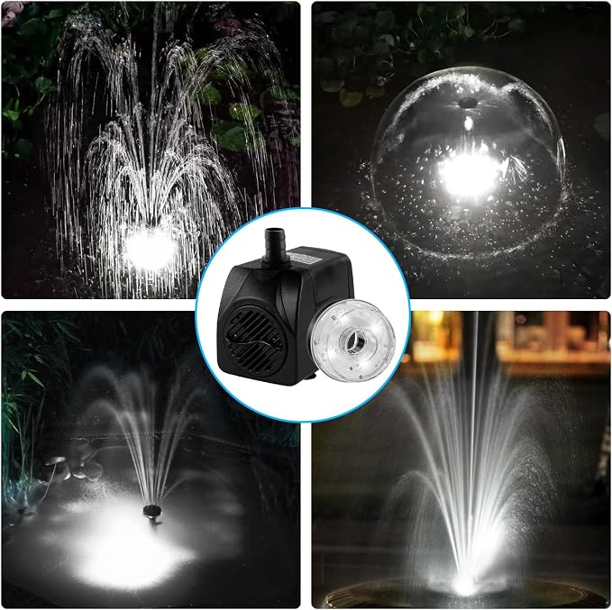 15W 800L/H Submersible Pond Fountain Pump with LED Lights, Ultra Quiet Water Pump, Pond Fountain Pumps for Small Pond, Garden, Aquarium, Fish Tank, Indoor Outdoor Fountain 3 Type Nozzle (White)