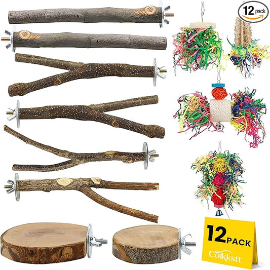 12 Pcs Natural Bird Perches and Shreddable Parakeet Toys, Essential Parrot Cage Accessories with 8 Wood Standsand 4 Shreddable Parakeet Toys, Foraging Shredder and Bird Accessories for Cages