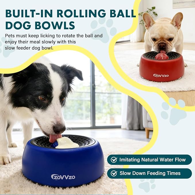 Rolling Ball Dog Lick Bowl, Slow Feeder Dog Bowls, Non-Slip Design, Interactive Dog Licking Toy & Dog Enrichment Toys, Dog Lick Ball Bowl for Wet Food, Yogurt, Bone Broth, Nutrient Solution (Red)