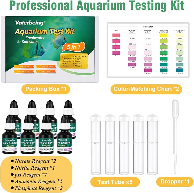 5 in 1 Aquarium Water Master Test Kit, Fish Tank Testing Kit | Aquarium Water Test Kit for pH Nitrite Ammonia & Nitrate Phosphate, Aquarium Water Test Kit for Fresh & Salt Water