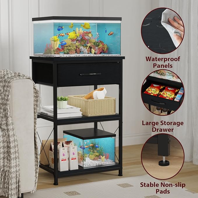5-10 Gallon Fish Tank Stand with Adjustable Height and Drawer, Black | Heavy duty metal frame holds up to 220 pounds with a lower shelf for a second aquarium, turtle tank or reptile terrarium