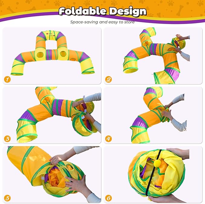 Cat Tunnel for Indoor Cats Large, Collapsible Cat Playhouse Pet Play Tunnel Tube Maze with Hanging Pom-Poms and Interactive Holes for Kitten, Kitty, Puppy, Rabbits, Ferret, Guinea Pig
