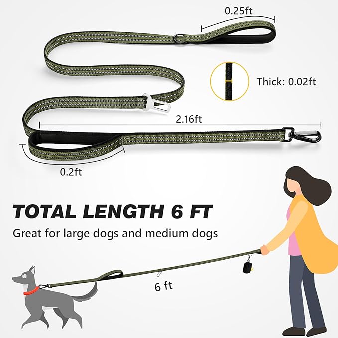 WINGOIN Dog Leash for Large Medium Dogs, Heavy Duty Dog Leashes with Double Handle, Poop Bag Holder, Metal Clip, Car Seat Belt Buckle, Reflective Tactical Pet Lead for Walking, Training (Green, 6FT)