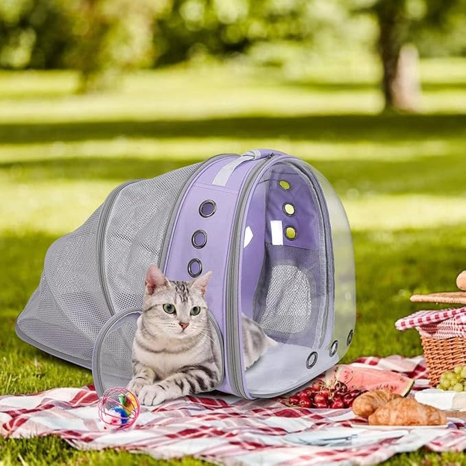 Expandable Cat Backpack Carrier, Breathable Clear Bubble Window Pet Carrier for Small Dogs and Cats up to 12 lbs, Airline Approved Travel Bag for Hiking and Outdoor Use (Back Expandable-Purple)