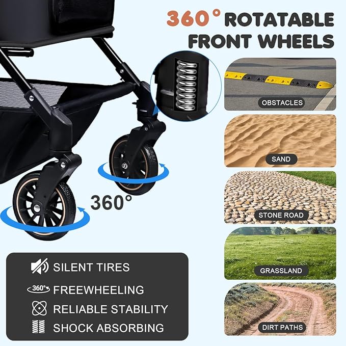 Dog Stroller for Large & Medium Dogs (20–132 lbs), Pet Stroller for 2 Small Dogs, Cat Strollers for 2 Cats, Extra Large Heavy Duty, Foldable & Fully Ventilated Design, Black
