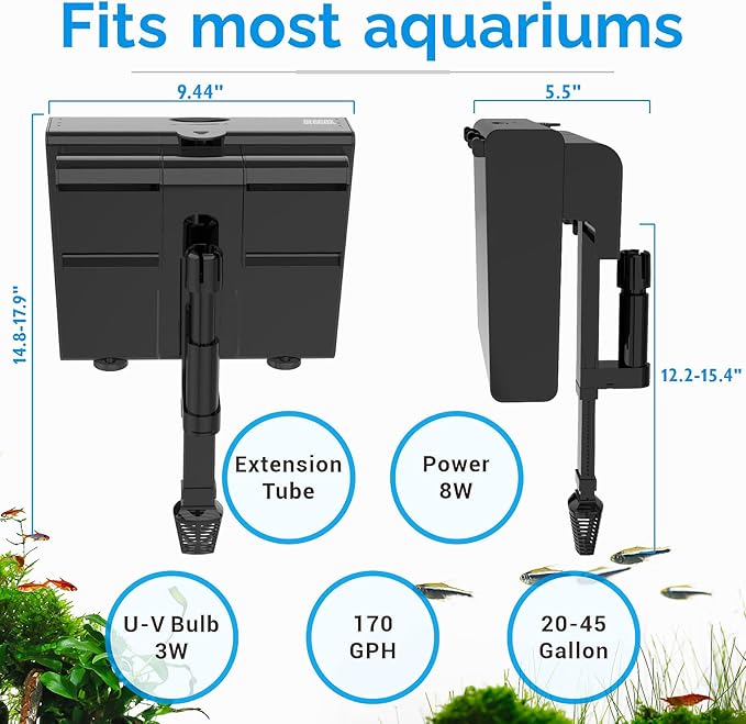 U-V Aquarium Filter for 30-45 Gallon Tank,Hang On Back Aquarium Filter Green Water Cleaning Machine,HOB Filter Ultra-Quiet Powerful Pump 170GPH for Fish Turtle Tank with Surface Skimme