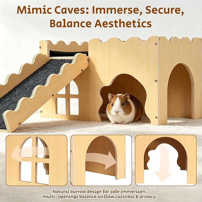 Guinea Pig Hideout Cave House - Natural Rock-Style Small Animal Hideaway for Guinea Pigs & Rabbits, Extra Large Indoor Habitat with Waterproof Liner Included, Chew Proof（Tunnel Style）