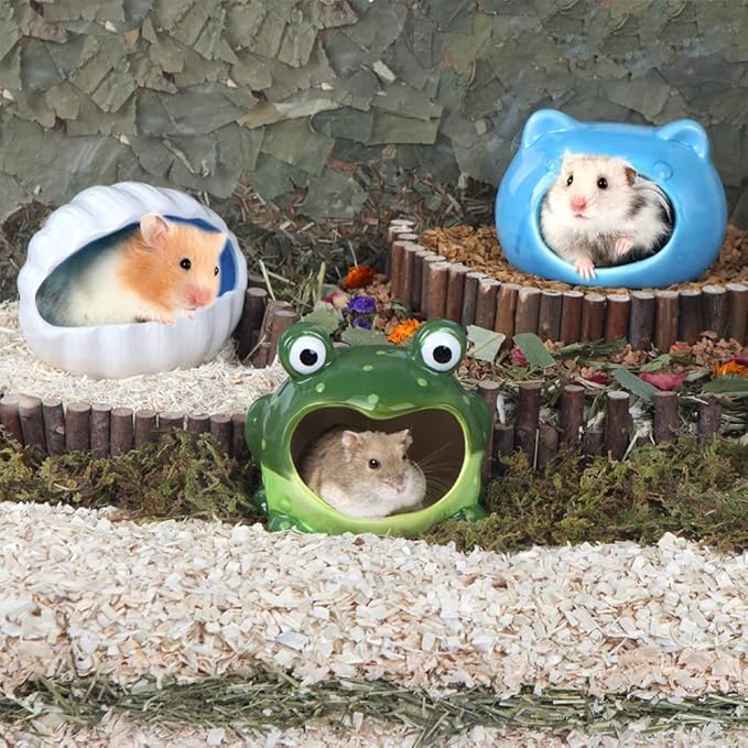 Hamster Ceramic Hideout and House-Small Animal Hut-Cute Frog Hide Habitat for Small Pet