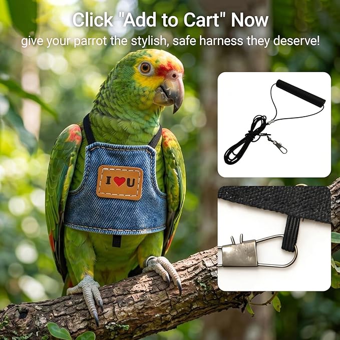 Bird Flight Harness Vest, Adjustable Training Design Anti-Bite, Suit with Leash for Parakeets Cockatiels Conures Budgies, Bird Flying Clothes with Rope and Handle (Cowboy L)
