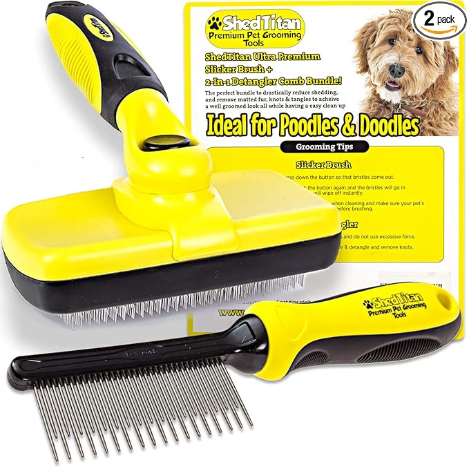 Doodle Brush Slicker for Dogs - Self Cleaning Dog Brush for Poodles, Goldendoodle Grooming Kit with Detangler Comb