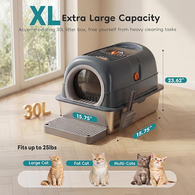 OLIXIS Stainless Steel Litter Box with Lid, Extra Large Enclosed Cat Litter Pan for Big Cats, High Sided Cat Box with Scoop & Mat, Front & Top Entry, Grey