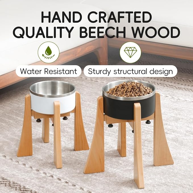 Elevated Bowl Stand 12-inch with Heavy Duty Beech Wood Made, Anti-Vomit Design for Medium Breed, Senior Dogs, Ergonomic Neck Protecting, Adjustable Diameter, Easy Clean Non Toxic