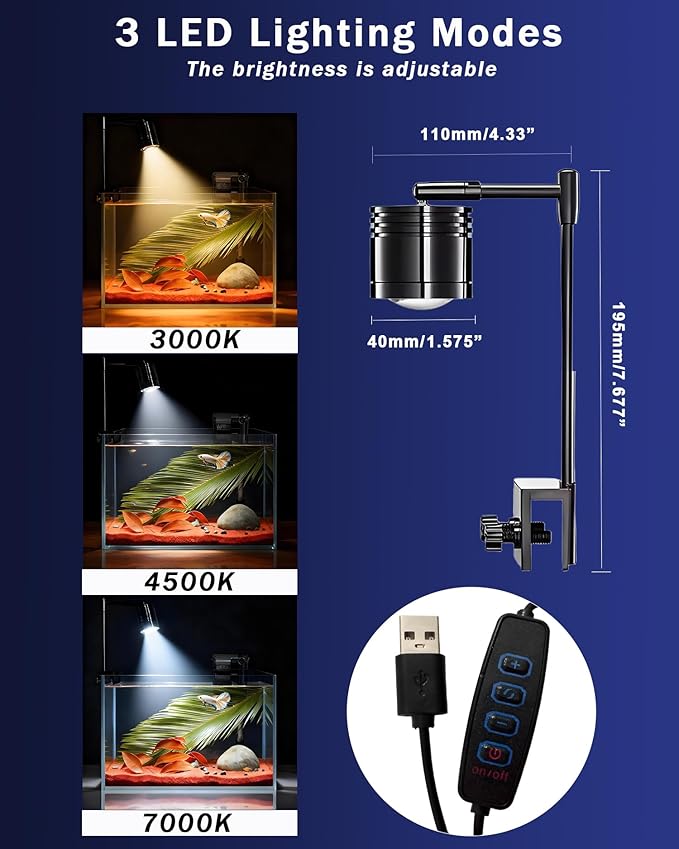 Aquarium LED Light, 5W Clip-on Fish Tank Lamp, 3 Colors, 7.7 Inch Fixed Arm, USB 5V Downlight
