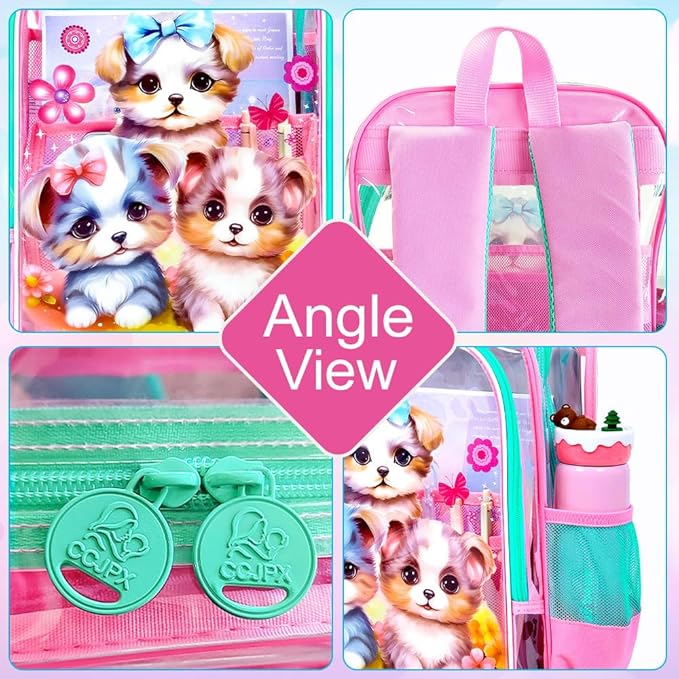 Clear Backpack for Girls and Boys, Kids Transparent Bookbag, 3PCS Cute See Through School Bag for Elementary Prechool