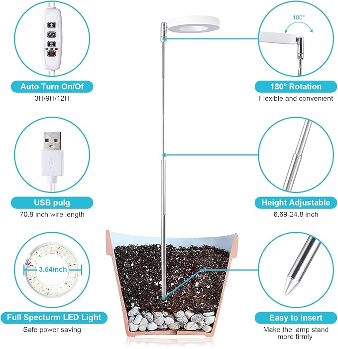 Halo Ring Grow Lights for Small Indoor Plants, Warm+White 48LEDs Full Spectrum Plant Light, Height Adjustable with 5V 2A Adapter, 3/9/12H Timer, 3 Spectral Modes, 10 Dimmable Levels, Angel Ring 1 Pack