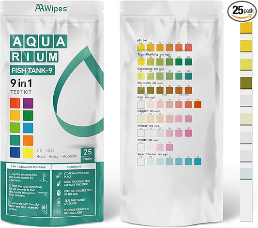 AAwipes Fish Tank Marine Water Test Strips 9-in-1 |25 Strips | Freshwater, Saltwater & Reef Tanks Quick & Accurate Test pH, Carbonate, Copper, Alkalinity, Hardness, Chlorine, Nitrate, Nitrite, etc