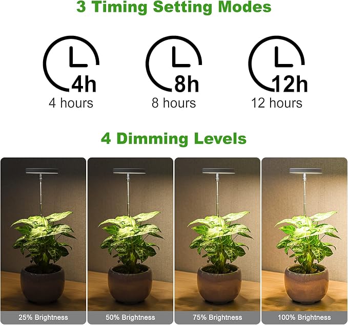 LORDEM Grow Light for Indoor Plants, Full Spectrum LED 2 Packs | Height Adjustable Growing Lamp with Auto On/Off Timer 4/8/12H, 4 Dimmable Brightness, Ideal for Small Plants