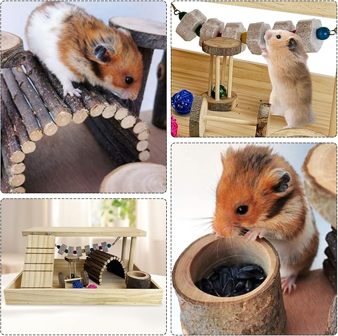 Hamiledyi Dwarf Hamster Activity Playground Mice Living Gym System Set Natural Wood Gerbil Climbing Platform Syrian Exercise Cage Accessories with Lava Stone String Chewing Toy Ladder Bridge Ramp