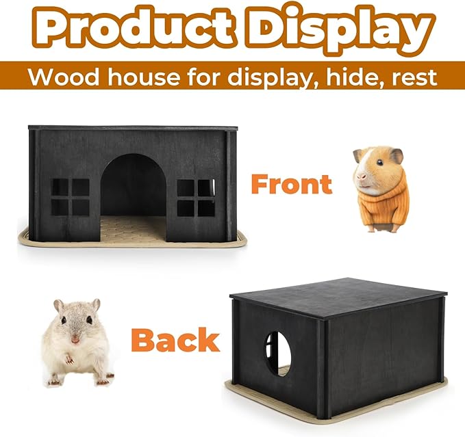 Wooden Hamster Hideout, Guinea Pig House with Soft Mat Windows, Detachable Small Pets Woodland House Decor for Chinchilla Mice Gerbils Mouse Dwarf