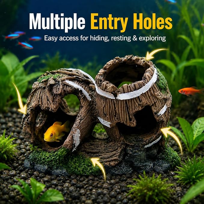 Resin Double Barrel Aquarium Cave for Betta, Shrimp & Small Fish | 5.5 x 2.8 x 3.9 in resin double-barrel hideout with multiple openings for bettas, shrimp, guppies and small fish