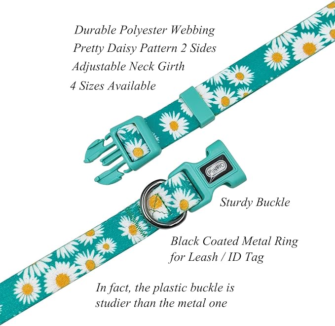 Dog Collar and Leash Set, Cute Daisy Pattern, Polyester Material, 5ft Leash, for Medium Dogs.(Medium,Green Daisy)