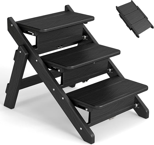 Dog Stairs and Steps, HDPE Plastic Wood Grain, 2-in-1 Foldable Pet Ramp for Small and Medium Dogs and Cats, for Bed Couch and Car, No Assembly Required, Supports Up to 150lbs, Black