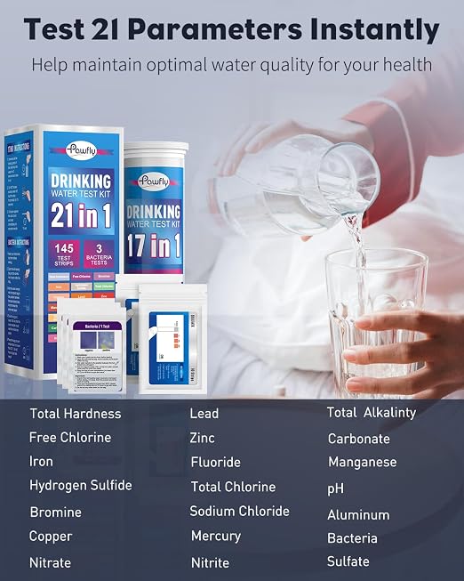 Pawfly 21 in 1 Drinking Water Test Kit, 125 Strips for Tap Water Well Swimming Pool Aquarium Spa, Home Water Quality Test Strips for pH Hardness Chlorine Lead Iron Copper Nitrate Fluoride & More