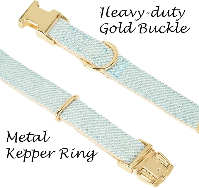 Luxury Soft Cotton Tweed Fabric Dog Collar & Leash Set with Gold Buckle – Durable Fabric, Stylish Design for Everyday Walks(Medium LtBlue)