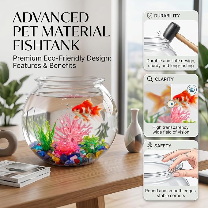 1 Gallon Clear Plastic Fish Bowl Set, Shatterproof Round Aquarium with Colorful Pebbles, 3 Artificial Plants and PVC Coral, Small Betta Fish Tank for Desk, Shelf, Home Decoration
