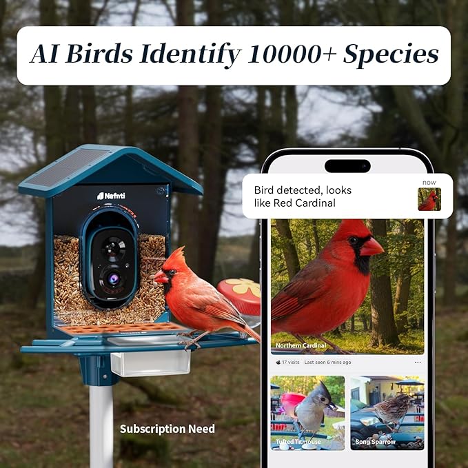 Smart Bird Feeder with Camera Solar Powered, 5GHz/2.4GHz, 2K HD Live View, AI Bird Species Identify, Instant Arrival Alerts, Weatherproof Outdoor Bird Feeder Camera, Best for Bird Lovers