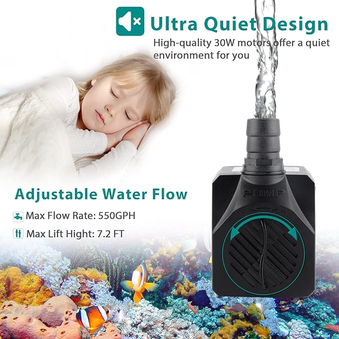 FREESEA Small Aquarium Fountain Pump: Adjustable Flow with 7.2ft High Lift | 550GPH 30W Submersible Water Pumps for Small Pond | Waterfall | Outdoor | Statuary | Hydroponic (550GPH)
