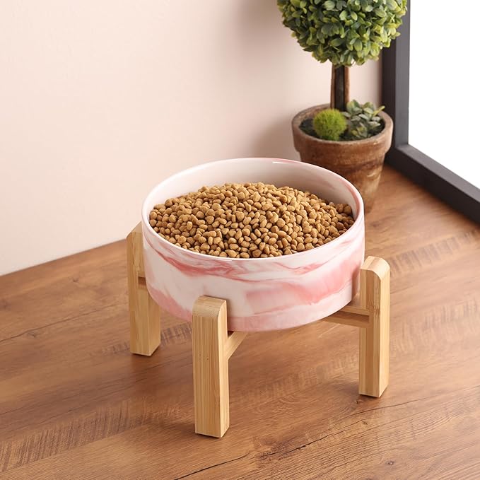 Elevated/Raised Dog Bowl Ceramic with Wood Stand for Medium Large Breed,Dog Food Water Dish Heavy Weighted, 8 in Non Slip Porcelain Pet Bowl Extra Big Marble Pink