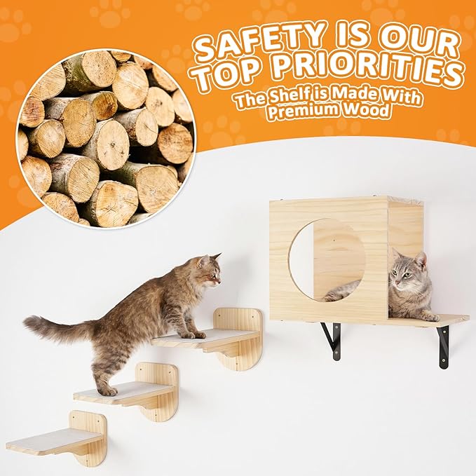 TIMIEEYA Cat Wall Shelves - Stable & Safe 5 in 1 Cat Walls Furniture Set, Wooden Kitten Climbing Wall with 1 Condos House, 1 Hammock & 3 Wall Steps