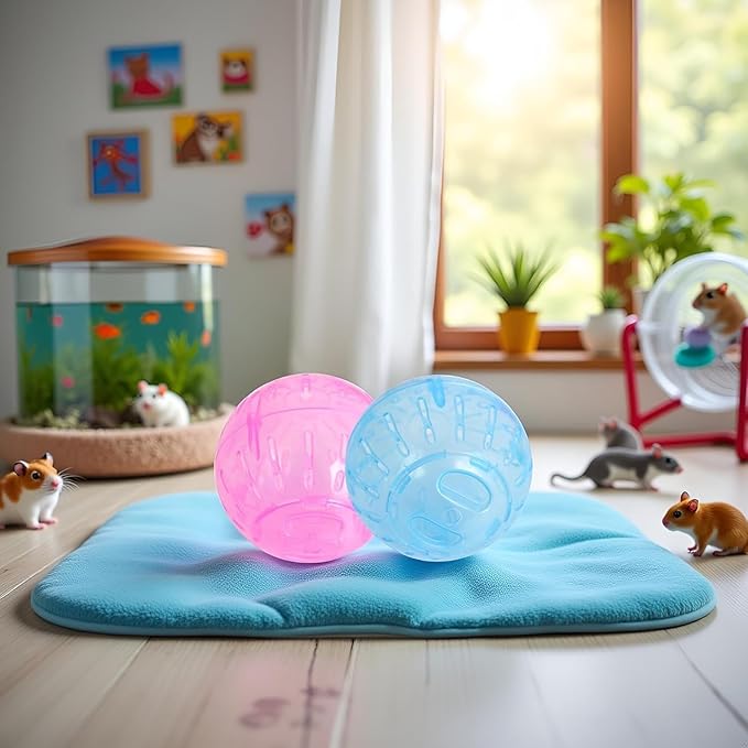 2Pcs 3.94 Inch Rotundity Hamster Balls, Breathable and Sturdy Dwarf Hamster Exercise Balls Running Wheel Gerbil Toys, Small Animals, Portable Small Pet Supplies (Blue and Pink)