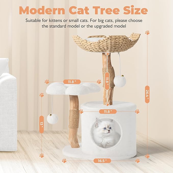 Easyego Modern Cat Tree, 26.3" Aesthetic Wood Cat Tree Tower, Luxury Cat Condo with Scratching Posts and Flower Platforms, Cat Furniture, Pure White