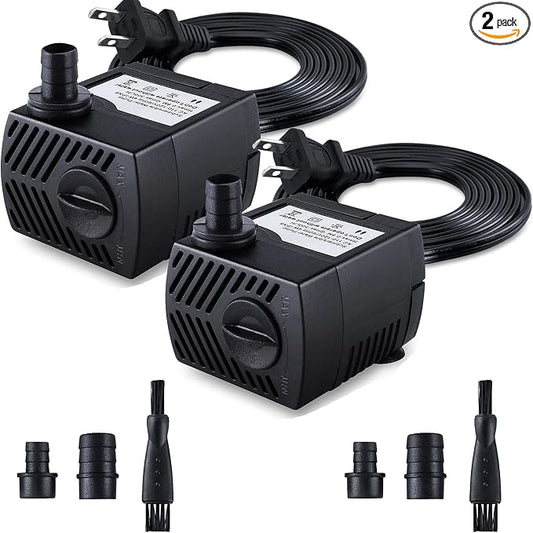 CWKJ Fountain Pump, 2 Packs 80GPH(4W 300L/H) Submersible Water Pump, Durable Outdoor Fountain Water Pump with 7.2ft（2.2m） Power Cord, 3 Nozzles for Aquarium, Pond, Fish Tank, Water Fountain Pump