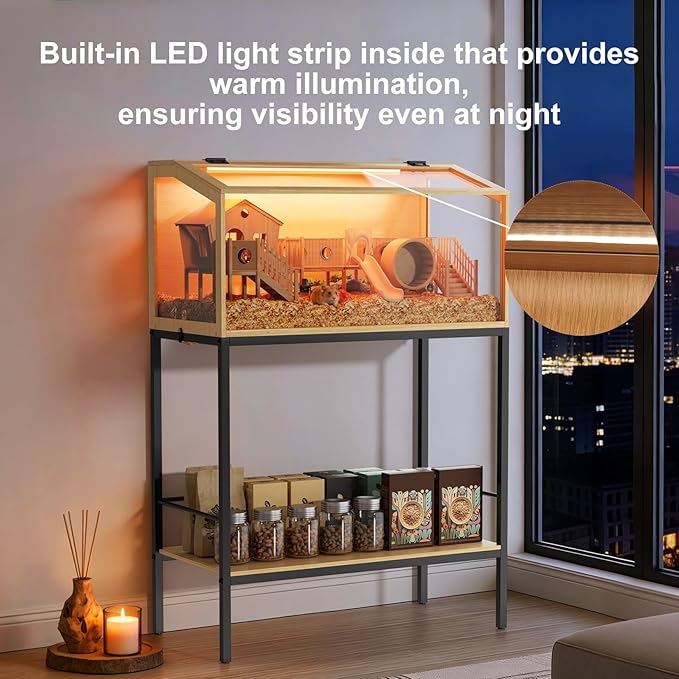 Hamster Cage: Wooden Small Animal Cage with Warm Light and Storage Shelf - 32” Large Clear Hamster House Chewy Proof with Openable Breathable Top