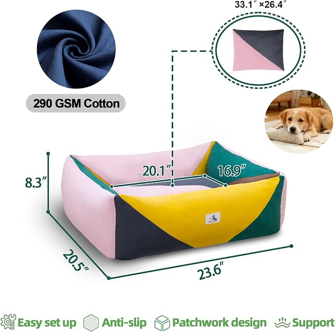 Cotton Canvas Dog Bed, Pink Dog Beds for Small Dogs, Puppy Bed with Washable Removable Cover, Durable 290 GSM Cotton Anti-Chewing Pet Bed with Anti-Slip Bottom (24"x20"x8", Pink&Yellow&Green)