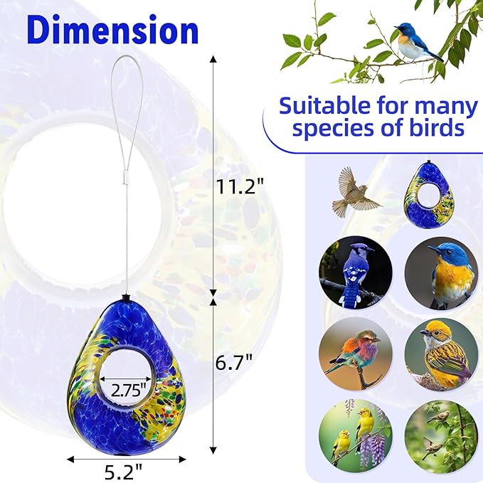 VOREEN Glass Bird Feeder, Handcrafted Hanging Fly-Through Feeder for Outdoor Garden & Backyard, Decorative Wild Bird Feeder with Steel Wire Cable,Blue
