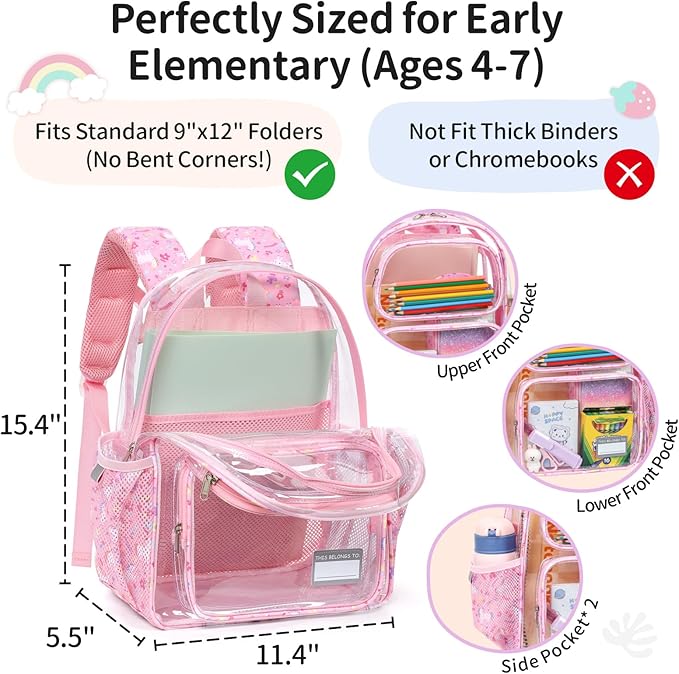 Clear Backpack for Girls, 15 Inch Heavy Duty Transparent Bookbag for Kindergarten to 2nd Grade, PVC See Through Daypack with Reflective Straps, Fits Standard Folders, Pink Unicorn